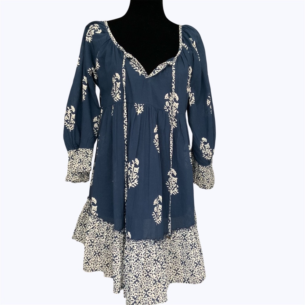 Cindy G Cotton Voile Tunic Top Navy Blue White Floral Block Print SZ S/M